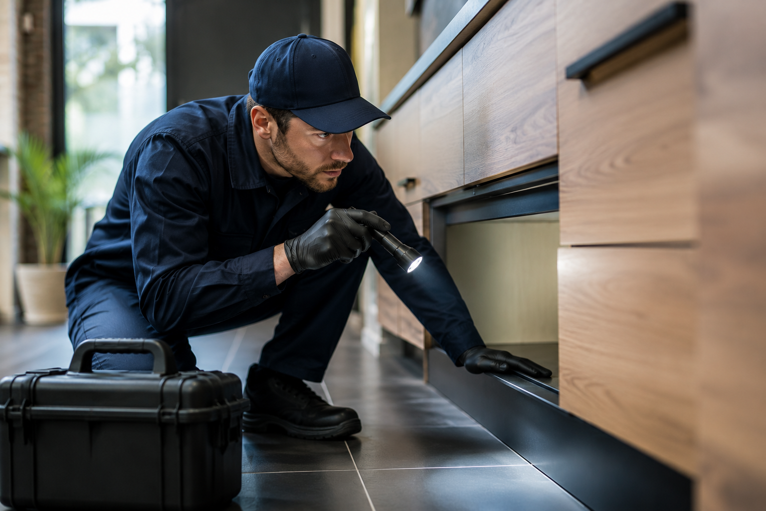 Technicien de désinsectisation et dératisation inspectant une cuisine moderne pour détecter la présence de nuisibles.