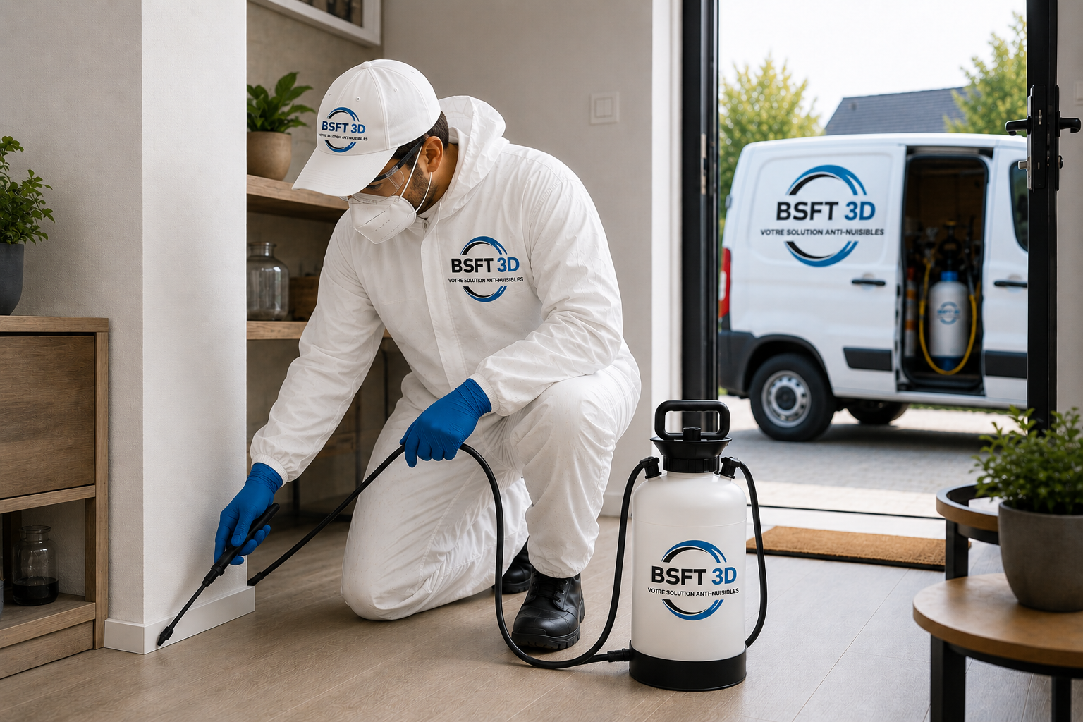 Technicien BSFT 3D en combinaison de protection blanche réalisant un traitement anti-nuisibles dans une habitation avec pulvérisateur professionnel.