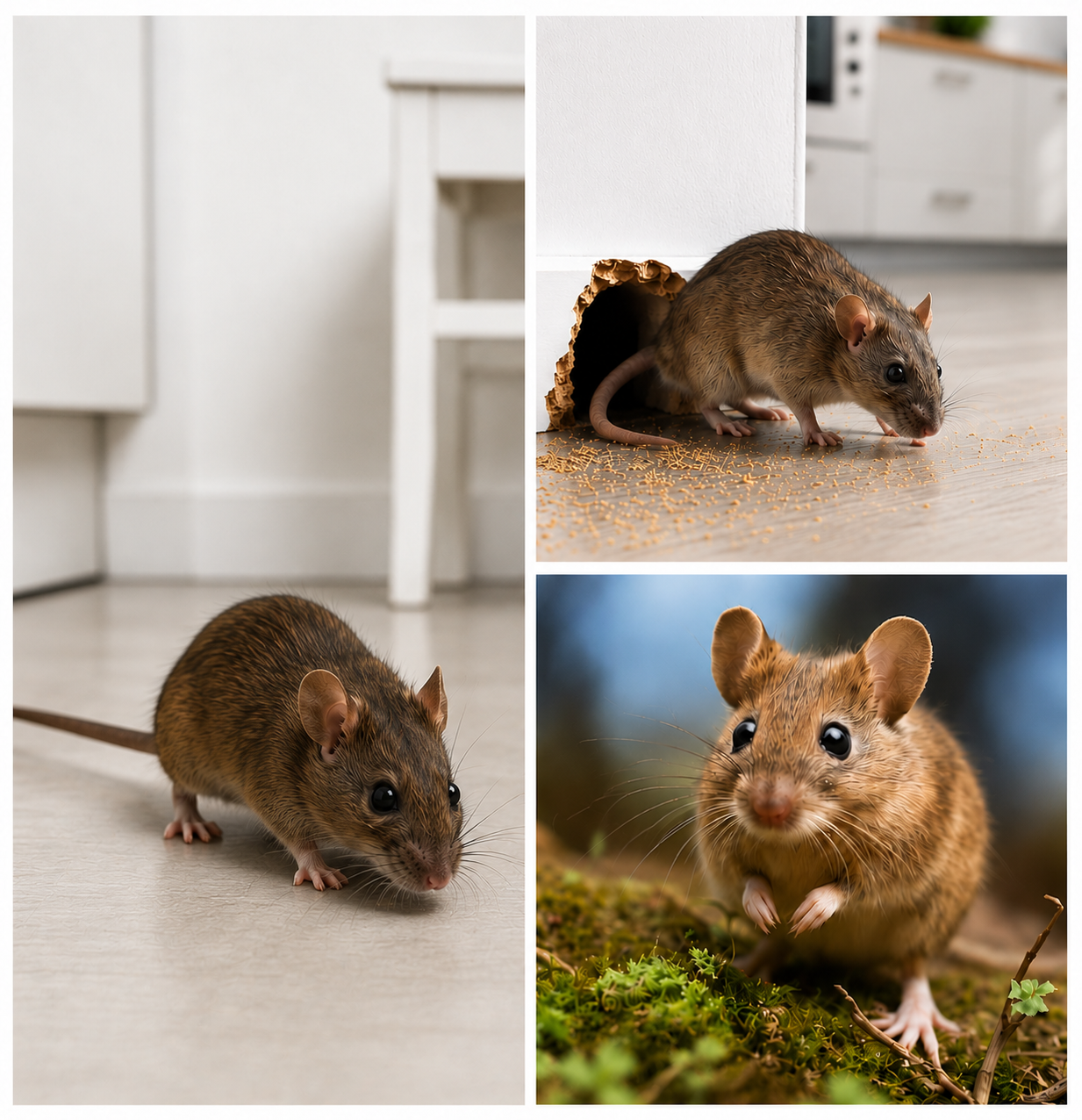 Collage de trois images montrant différents rongeurs : un rat dans une maison, un rat sortant d’un trou dans un mur et une souris dans un environnement naturel.