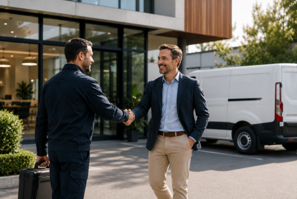 Client professionnel échangeant une poignée de main avec un technicien spécialisé après une intervention réussie.