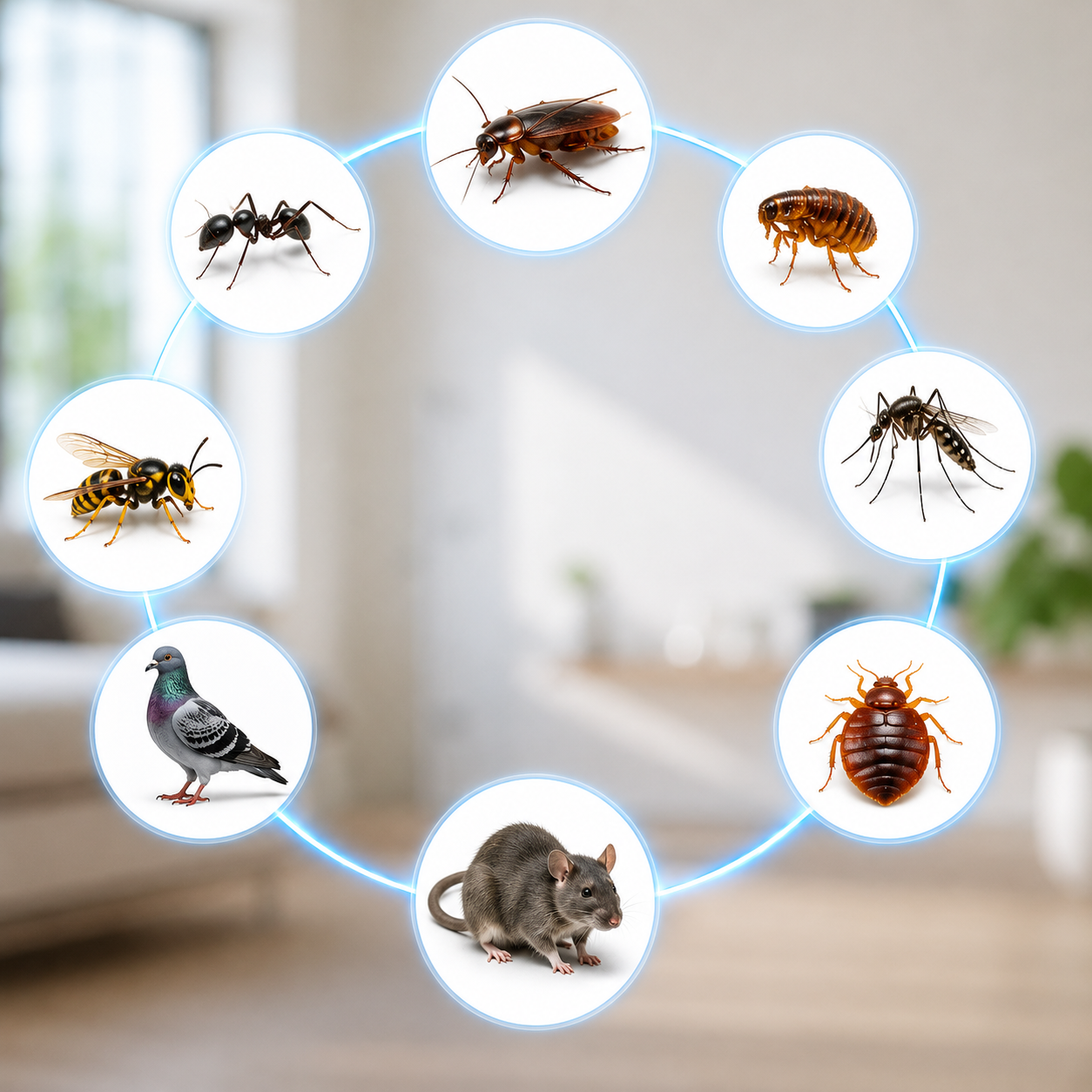 Illustration des principaux nuisibles traités à Annecy avec rat, pigeon, moustique, puce, blatte, frelon, fourmi et punaise de lit