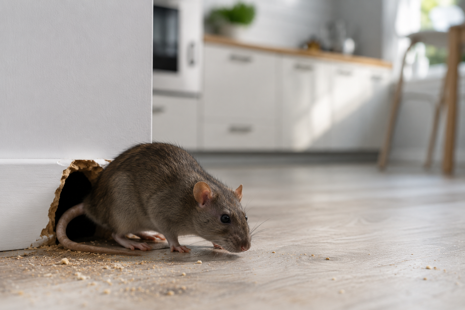 Rat brun sortant d’un trou dans une plinthe de cuisine moderne à la recherche de nourriture.